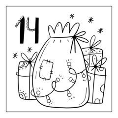 Christmas advent calendar, coloring page. 14 december illustration.