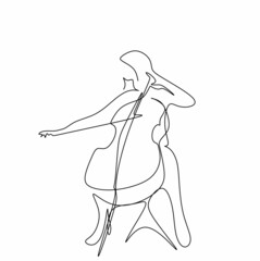 Continuous drawing with a single silhouette line of a woman playing the cello. A cellist in the minimalist style.