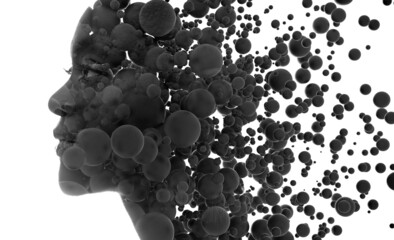A black and white portrait of an african woman combined with multiple flowing 3D spheres.