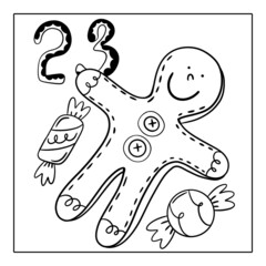 Christmas advent calendar, coloring page. 23 december illustration.