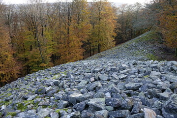 Looking down the impressive Otzenhausen Celtic hill fort (ringwall, Hunnenring) in a colourful...