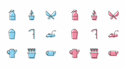 Set line Watering can, Plants pot, Garden sprayer, Scythe, Lawn mower, Bucket and icon. Vector