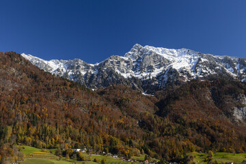Churfirsten Mountains with Snow and Landscape at autumm in Walenstadt, Switzerland.