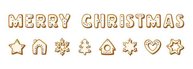 Gingerbread cookie letters with merry christmas phrase in cartoon style. Sweet biscuits in shape of house and tree, heart and snowflake isolated on white background. Vector illustration