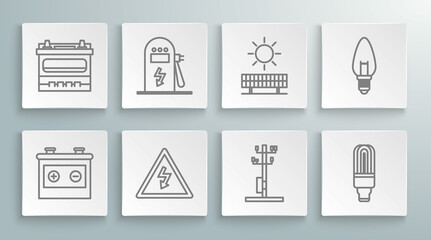 Set line Car battery, Electric car charging station, High voltage sign, power pole line, LED light bulb, Solar energy panel and sun, Light and icon. Vector