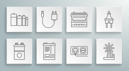 Set line Car battery, Charger, Electrical outlet, Wind turbine, plug and Battery icon. Vector
