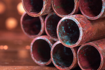 Close-up of copper pipe corrosion oxidation