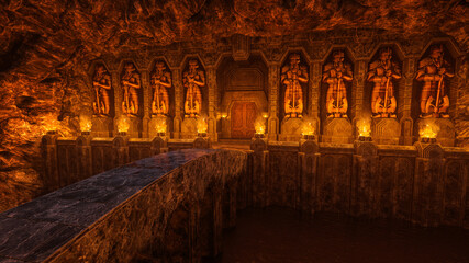 3D rendering of a bridge over an underground river leading to a © IG Digital Arts