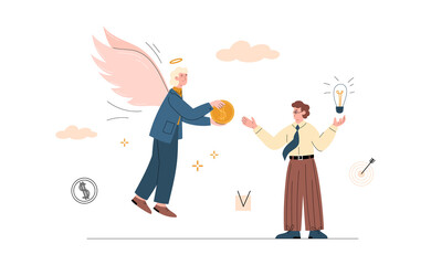 Entrepreneur receiving investment from investor, vector illustration isolated.