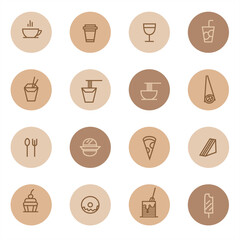 Food and Drink icons. Set of: coffee, sweets, noodles, cocktail, cakes, donuts, sandwiches, ice cream. Kitchen signs. Vector illustration.