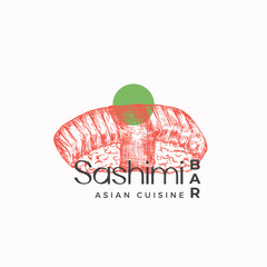 Asian Cuisine Abstract Sign, Symbol or Logo Template. Hand Drawn Sushi or Sashimi and Modern Typography. Japanese Food Vector Emblem Concept. Isolated
