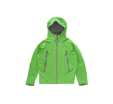 Top view of green membrane windbreaker jacket isolated on white background