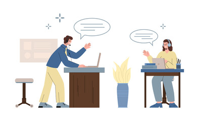 Call center department operators flat cartoon vector illustration isolated.