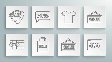 Set line Gift box, Seventy discount percent tag, Shoping bag with Sale, Hanging sign Closed, Page 404 error, T-shirt, Open and Telephone 24 hours support icon. Vector