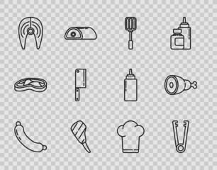 Set line Sausage, Meat tongs, Spatula, Rib eye steak, Fish, chopper, Chef hat and Chicken leg icon. Vector