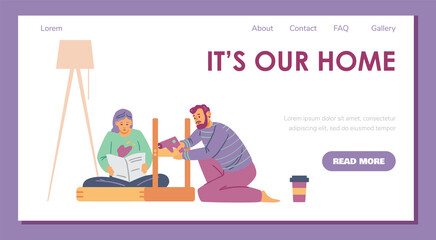 Home renovation and repair website with people characters, vector illustration.