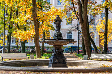 Fountain in the Rumyantsev Garden in autumn, St. Petersburg, Russia