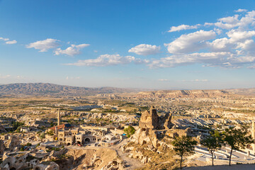 Obraz premium Panoramic view near Uchisar, Cappadocia with magnificent geological natural with blue sky