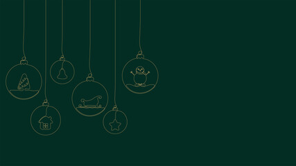 Fototapeta na wymiar Christmas and New Year composition of hanging balls with christmas tree, snowman, sleigh, star, bell, house. Continuous one line drawing. Design for greeting card, banner, poster. Vector illustration