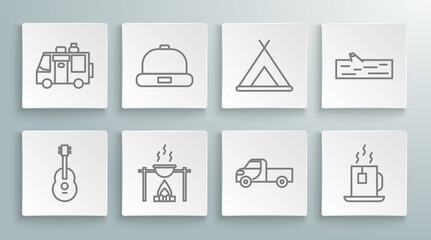 Set line Guitar, Beanie hat, Campfire and pot, Pickup truck, Cup of tea with tea bag, Tourist tent, Wooden log and Rv Camping trailer icon. Vector