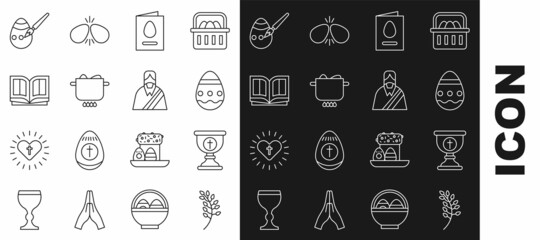 Naklejka premium Set line Willow leaf, Christian chalice, Easter egg, Greeting card with Happy, Egg hot pot, Holy bible book, and paint brush and Jesus icon. Vector