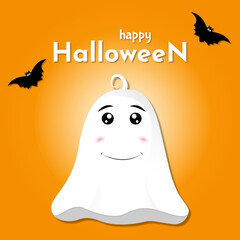 Flat vector illustration. Happy halloween banner. Halloween background with white ghost and and flying bats