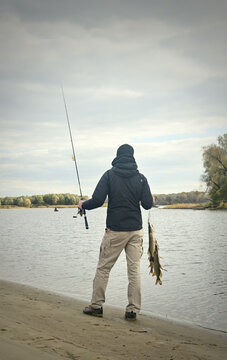 Fisherman with fishing rod carries caught pikes along the coast