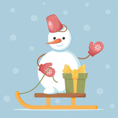 Cheerful snowman on winter sleigh with gift box. Greeting card for Christmas, New Year. Winter design. Cute cartoon character. Vector illustration