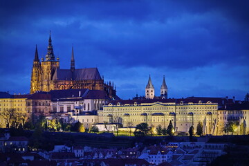 Obraz premium Prague Castle at nightfall, view from the roof over the historical centre of Prague, Czech Republic, EU.