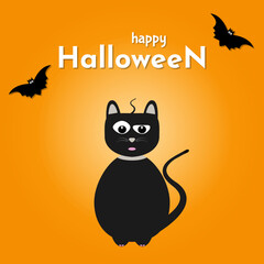 Flat vector illustration. Happy halloween banner. Halloween background with white ghost, black cat, witch, spider and flying bats.