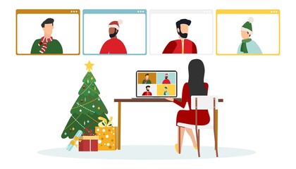 People wishing Merry Christmas and Happy New Year. Celebrating holiday and giving gifts via video call or web conference in 2022. Vector