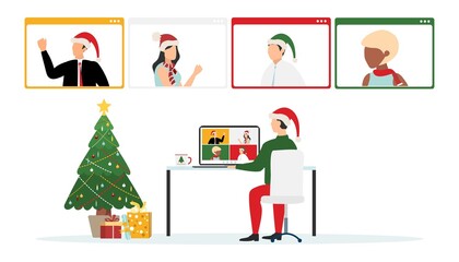 WebPeople wishing Merry Christmas and Happy New Year. Celebrating holiday and giving gifts via video call or web conference in 2022. Vector
