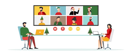 People wishing Merry Christmas and Happy New Year. Celebrating holiday and giving gifts via video call or web conference in 2022. Vector