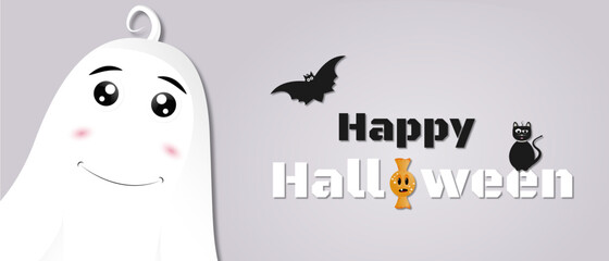 Halloween poster, postcards and frame leaflet, web banner. Vector illustration template with ghost, bats and funny candy. Happy Halloween banner, background design.