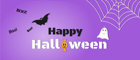 Happy Halloween banner, background template with funny characters, cat, ghost and candy. Vector illustration web banner.