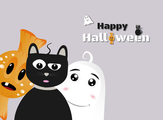 Obraz premium Happy Halloween banner, background template with funny characters, cat, ghost and candy. Vector illustration web banner.