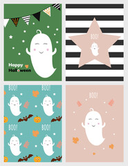 Set of Halloween poster, postcards and frame leaflet, web banner. Vector illustration template with ghost, bat and funny pumpkin. Happy ghost banner.