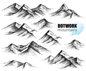 Set of dotted mountains and rocks in black isolated on white background.  - obrazy, fototapety, plakaty