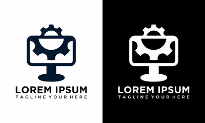 Logotype The process of updating a computer monitor with a progress gear and loading bar icon. Adjustment, setting, maintenance, repair. Logo design maintenance, repair. Logo design template elements.