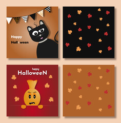 Set of Halloween poster, postcards and frame leaflet, web banner. Vector illustration template with ghost, bat and funny pumpkin. Happy ghost banner.