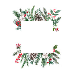 Naklejka na ściany i meble Christmas winter greenery border, invitation template. Watercolor hand painted pine and spruce tree branches, cotton, red berries, mistletoe, pine cones. Winter botanical frame with space for text.