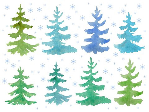 A collection of winter Christmas trees with snowflakes, a set of delicate watercolor illustrations