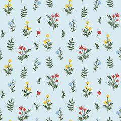 Floral Seamless Pattern. Small multicolor Meadow Flower. Tiny Wildflower with leaves. Ditsy style motif, template, texture. Vector blue background for fashion, nursery print, textile, wrapping paper