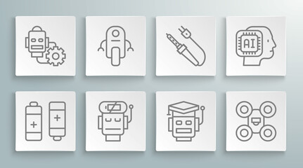Set line Battery, Robot, low battery charge, Drone, Soldering iron, Humanoid robot and setting icon. Vector