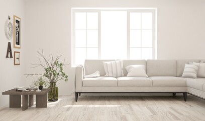 Fototapeta premium White living room with sofa. Scandinavian interior design. 3D illustration