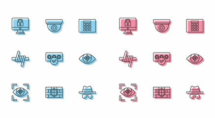 Set line Eye scan, Shield with brick wall, Lock on monitor, Incognito mode, Password protection, Barbed wire and Security camera icon. Vector