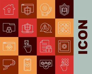Set line Password protection, Safe, Graphic password, Ringing alarm bell, Laptop protected with shield, Folder and lock, House under and Exclamation mark triangle icon. Vector
