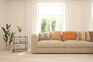 White living room with sofa and summer landscape in window. Scandinavian interior design. 3D illustration