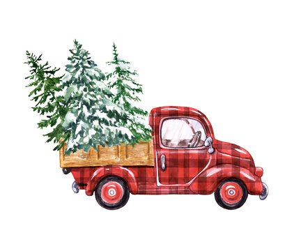 Watercolor winter cartoon illustration with hand painted Christmas red buffalo check truck and snowy pine trees, isolated on white background. Holiday card and invitation design.