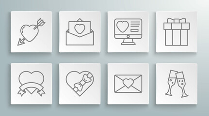 Set line Heart, Envelope with Valentine heart, Candy shaped box, Glass of champagne, Dating app online, Gift and Amour arrow icon. Vector
